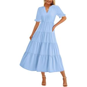 imagePRETTYGARDEN Womens 2025 Summer Midi Dress Short Sleeve V Neck Ruffle Tiered Flowy A Line Casual Beach Dress with PocketsLight Blue