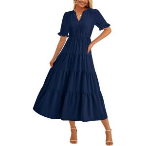 imagePRETTYGARDEN Womens 2025 Summer Midi Dress Short Sleeve V Neck Ruffle Tiered Flowy A Line Casual Beach Dress with PocketsNavy
