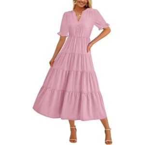 imagePRETTYGARDEN Womens 2025 Summer Midi Dress Short Sleeve V Neck Ruffle Tiered Flowy A Line Casual Beach Dress with PocketsPink