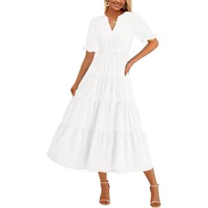 imagePRETTYGARDEN Womens 2025 Summer Midi Dress Short Sleeve V Neck Ruffle Tiered Flowy A Line Casual Beach Dress with PocketsWhite