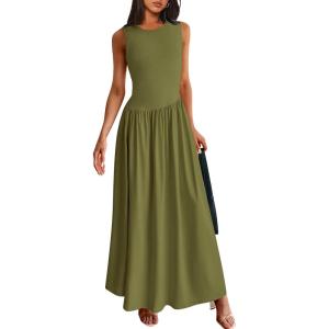 imagePRETTYGARDEN Womens Maxi Sundress Casual Summer 2025 Sleeveless Asymmetrical Drop Waist Patchwork Long Flowy Tank DressesArmy Green
