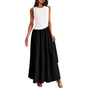 imagePRETTYGARDEN Womens Maxi Sundress Casual Summer 2025 Sleeveless Asymmetrical Drop Waist Patchwork Long Flowy Tank DressesBlack White