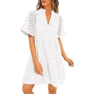 imagePRETTYGARDEN Womens Short Sleeve Mini Dress 2025 Summer V Neck Hollow Out Eyelet Ruffle A Line Swing Short DressesBeige White