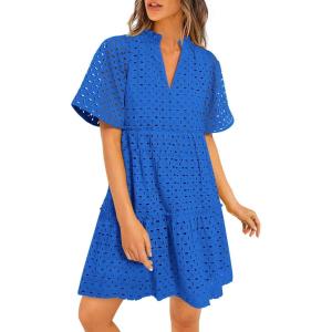 imagePRETTYGARDEN Womens Short Sleeve Mini Dress 2025 Summer V Neck Hollow Out Eyelet Ruffle A Line Swing Short DressesBlue