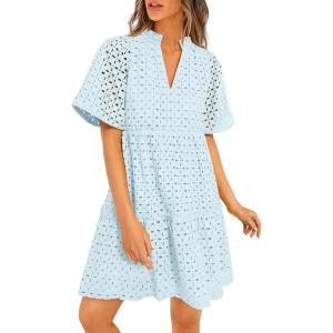 imagePRETTYGARDEN Womens Short Sleeve Mini Dress 2025 Summer V Neck Hollow Out Eyelet Ruffle A Line Swing Short DressesLight Blue