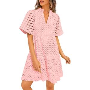 imagePRETTYGARDEN Womens Short Sleeve Mini Dress 2025 Summer V Neck Hollow Out Eyelet Ruffle A Line Swing Short DressesPink