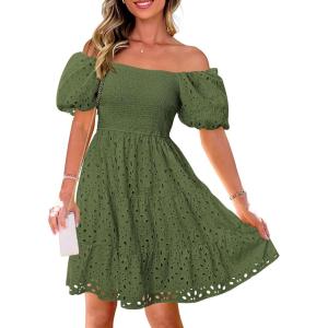 imagePRETTYGARDEN Womens Summer Puff Sleeve Mini Dress Off Shoulder Eyelet Smocked A Line Casual Babydoll Short DressesArmy Green