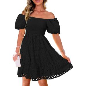 imagePRETTYGARDEN Womens Summer Puff Sleeve Mini Dress Off Shoulder Eyelet Smocked A Line Casual Babydoll Short DressesBlack