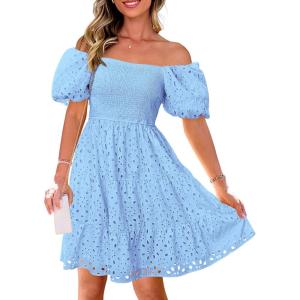 imagePRETTYGARDEN Womens Summer Puff Sleeve Mini Dress Off Shoulder Eyelet Smocked A Line Casual Babydoll Short DressesBlue
