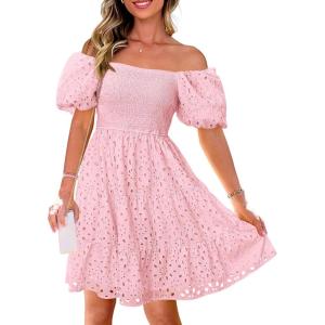 imagePRETTYGARDEN Womens Summer Puff Sleeve Mini Dress Off Shoulder Eyelet Smocked A Line Casual Babydoll Short DressesPink