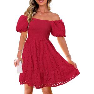 imagePRETTYGARDEN Womens Summer Puff Sleeve Mini Dress Off Shoulder Eyelet Smocked A Line Casual Babydoll Short DressesRed
