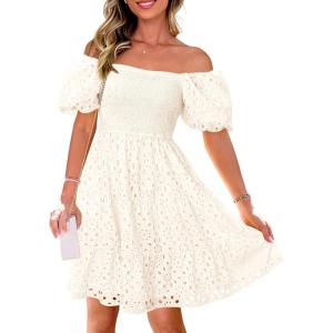 imagePRETTYGARDEN Womens Summer Puff Sleeve Mini Dress Off Shoulder Eyelet Smocked A Line Casual Babydoll Short DressesWhite