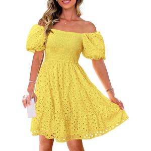 imagePRETTYGARDEN Womens Summer Puff Sleeve Mini Dress Off Shoulder Eyelet Smocked A Line Casual Babydoll Short DressesYellow