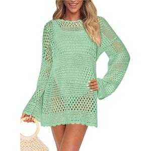 imagePRETTYGARDEN Womens Swimsuit Cover Up Long Sleeve Knit Crochet Bathing Suit Swimwear Beach Dress Summer Vacation OutfitsGreen