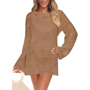 imagePRETTYGARDEN Womens Swimsuit Cover Up Long Sleeve Knit Crochet Bathing Suit Swimwear Beach Dress Summer Vacation OutfitsKhaki