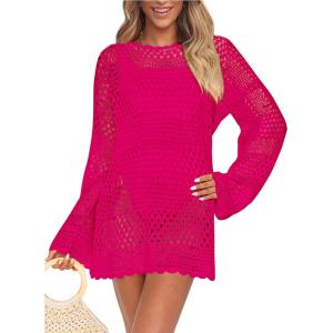 imagePRETTYGARDEN Womens Swimsuit Cover Up Long Sleeve Knit Crochet Bathing Suit Swimwear Beach Dress Summer Vacation OutfitsRose Red