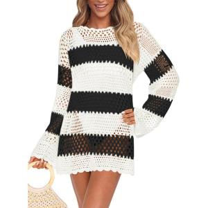 imagePRETTYGARDEN Womens Swimsuit Cover Up Long Sleeve Knit Crochet Bathing Suit Swimwear Beach Dress Summer Vacation OutfitsStriped Black White