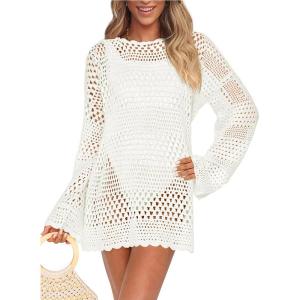 imagePRETTYGARDEN Womens Swimsuit Cover Up Long Sleeve Knit Crochet Bathing Suit Swimwear Beach Dress Summer Vacation OutfitsWhite