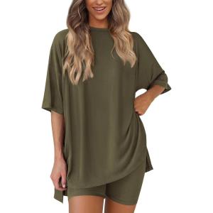 imagePRETTYGARDEN Womens Two Piece Lounge Set 2025 Summer Casual Oversized Shirts Biker Shorts Matching Airport Travel OutfitArmy Green