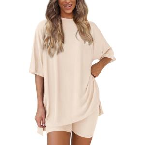 imagePRETTYGARDEN Womens Two Piece Lounge Set 2025 Summer Casual Oversized Shirts Biker Shorts Matching Airport Travel OutfitBeige