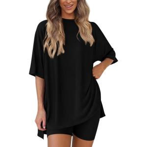 imagePRETTYGARDEN Womens Two Piece Lounge Set 2025 Summer Casual Oversized Shirts Biker Shorts Matching Airport Travel OutfitBlack