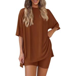 imagePRETTYGARDEN Womens Two Piece Lounge Set 2025 Summer Casual Oversized Shirts Biker Shorts Matching Airport Travel OutfitBrown