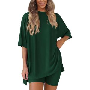 imagePRETTYGARDEN Womens Two Piece Lounge Set 2025 Summer Casual Oversized Shirts Biker Shorts Matching Airport Travel OutfitDark Green