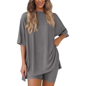 imagePRETTYGARDEN Womens Two Piece Lounge Set 2025 Summer Casual Oversized Shirts Biker Shorts Matching Airport Travel OutfitDark Grey