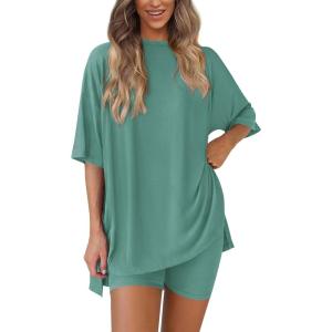 imagePRETTYGARDEN Womens Two Piece Lounge Set 2025 Summer Casual Oversized Shirts Biker Shorts Matching Airport Travel OutfitFruit Green