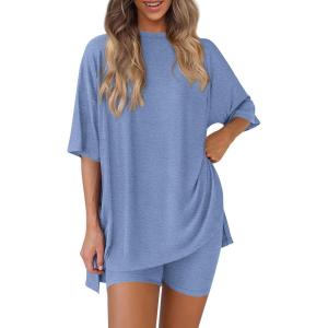 imagePRETTYGARDEN Womens Two Piece Lounge Set 2025 Summer Casual Oversized Shirts Biker Shorts Matching Airport Travel OutfitGrey Blue