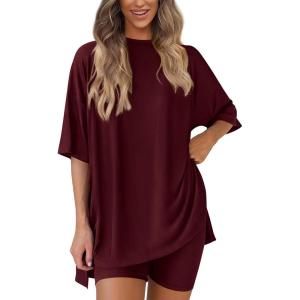 imagePRETTYGARDEN Womens Two Piece Lounge Set 2025 Summer Casual Oversized Shirts Biker Shorts Matching Airport Travel OutfitWine Red