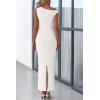 imagePRETTYGARDEN Womens Summer Formal Maxi Dresses Sleeveless One Shoulder Bodycon Ruched Slit Mesh Wedding Guest Cocktail DressWhite