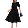 imagePRETTYGARDEN Womens Summer Midi Dress 2025 Casual Short Sleeve V Neck Buttons Belted Ruffle A Line Flowy Dress with PocketsBlack