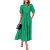 imagePRETTYGARDEN Womens Summer Midi Dress 2025 Casual Short Sleeve V Neck Buttons Belted Ruffle A Line Flowy Dress with PocketsGreen