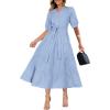 imagePRETTYGARDEN Womens Summer Midi Dress 2025 Casual Short Sleeve V Neck Buttons Belted Ruffle A Line Flowy Dress with PocketsLight Blue