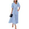 imagePRETTYGARDEN Womens Summer Midi Dress 2025 Casual Short Sleeve V Neck Buttons Belted Ruffle A Line Flowy Dress with PocketsLight Blue