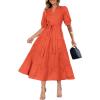 imagePRETTYGARDEN Womens Summer Midi Dress 2025 Casual Short Sleeve V Neck Buttons Belted Ruffle A Line Flowy Dress with PocketsOrange