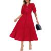 imagePRETTYGARDEN Womens Summer Midi Dress 2025 Casual Short Sleeve V Neck Buttons Belted Ruffle A Line Flowy Dress with PocketsRed