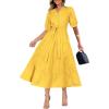imagePRETTYGARDEN Womens Summer Midi Dress 2025 Casual Short Sleeve V Neck Buttons Belted Ruffle A Line Flowy Dress with PocketsYellow