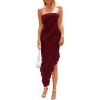 imagePRETTYGARDEN Womens Summer Long Formal Cocktail Dress 2025 Strapless Tube Asymmetrical Ruffle Maxi Bodycon Party DressesWine Red