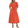 imagePRETTYGARDEN Womens Summer Midi Dress 2025 Casual Short Sleeve V Neck Buttons Belted Ruffle A Line Flowy Dress with PocketsOrange