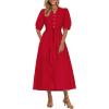 imagePRETTYGARDEN Womens Summer Midi Dress 2025 Casual Short Sleeve V Neck Buttons Belted Ruffle A Line Flowy Dress with PocketsRed