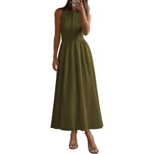 imagePRETTYGARDEN Women Maxi Dresses 2025 Summer Casual Sleeveless Patchwork Knit Tank Dress Flowy Beach Sundress Long DressArmy Green