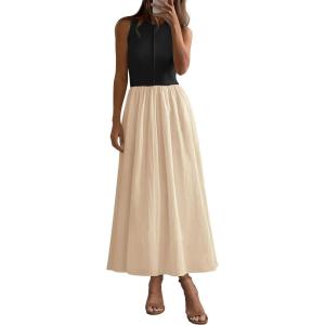 imagePRETTYGARDEN Women Maxi Dresses 2025 Summer Casual Sleeveless Patchwork Knit Tank Dress Flowy Beach Sundress Long DressBeige Black