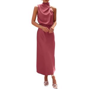 imagePRETTYGARDEN Womens 2025 Summer Satin Dress Elegant Sleeveless Mock Neck Cocktail Party Maxi DressesBrick Red