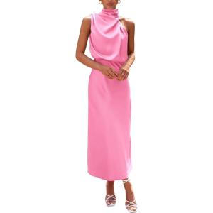 imagePRETTYGARDEN Womens 2025 Summer Satin Dress Elegant Sleeveless Mock Neck Cocktail Party Maxi DressesBright Pink