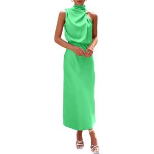 imagePRETTYGARDEN Womens 2025 Summer Satin Dress Elegant Sleeveless Mock Neck Cocktail Party Maxi DressesGrass Green