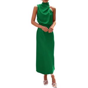 imagePRETTYGARDEN Womens 2025 Summer Satin Dress Elegant Sleeveless Mock Neck Cocktail Party Maxi DressesGreen