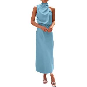 imagePRETTYGARDEN Womens 2025 Summer Satin Dress Elegant Sleeveless Mock Neck Cocktail Party Maxi DressesLight Blue