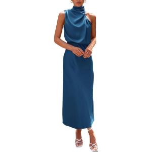 imagePRETTYGARDEN Womens 2025 Summer Satin Dress Elegant Sleeveless Mock Neck Cocktail Party Maxi DressesNavy